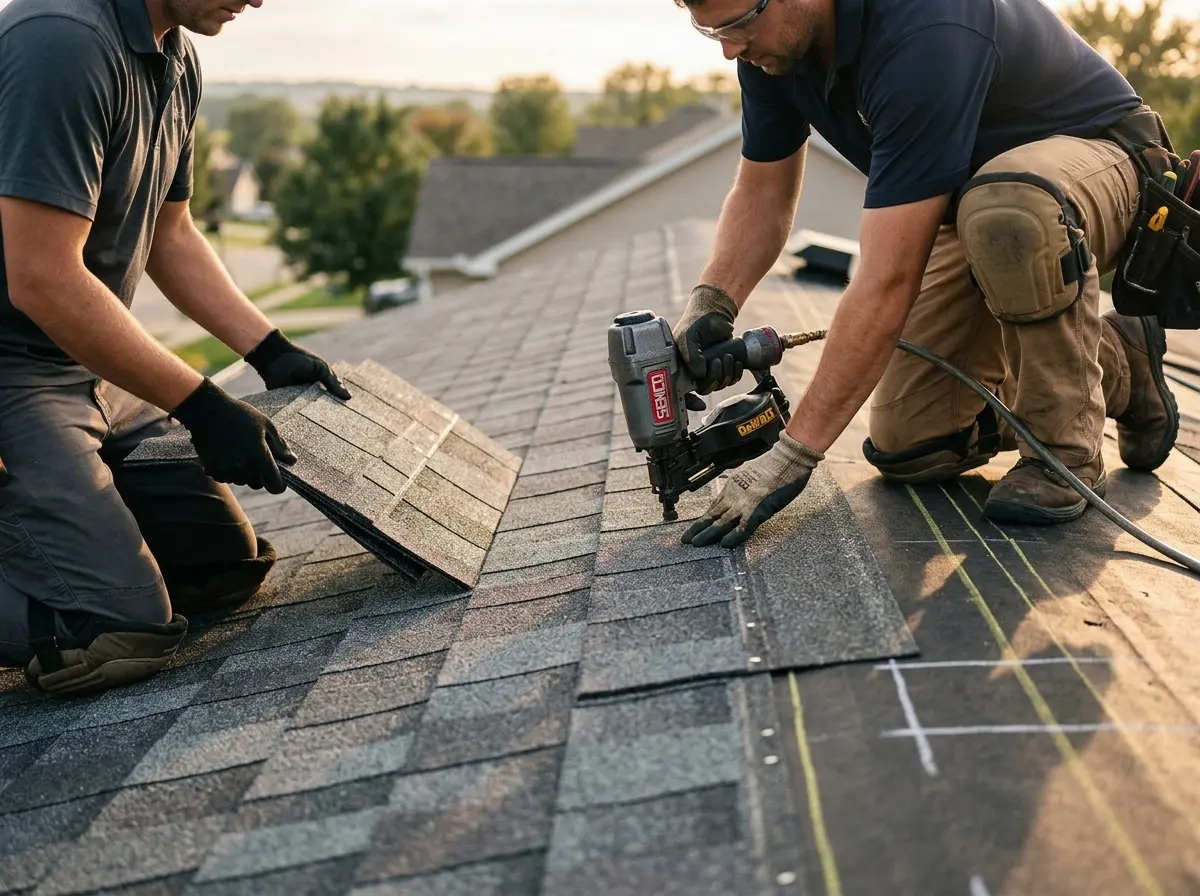 Professional roofer working on a residential roof in Alton